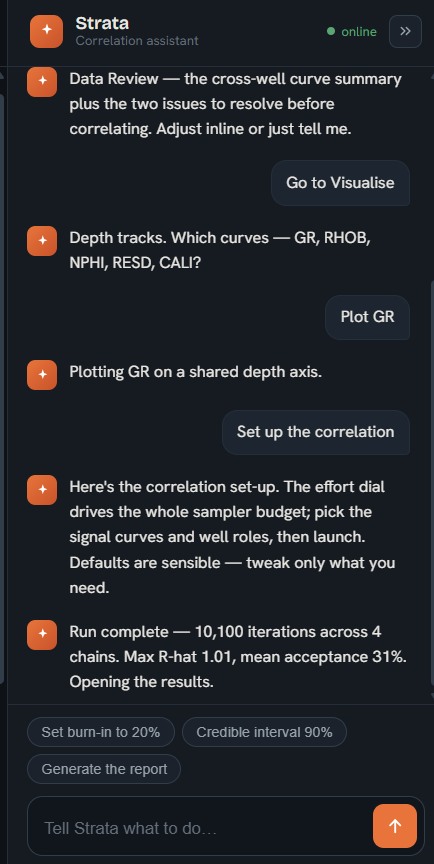 The Strata assistant chat panel: it reviews the data, plots curves, sets up the correlation and reports run diagnostics in plain language